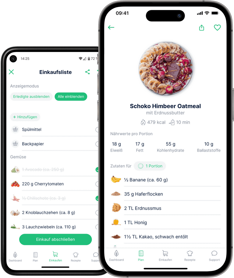 Rezeptansicht und Einkaufswagen in der feastr App